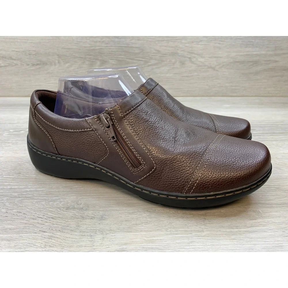 Clarks Brown Leather Zip Comfort Loafers Shoes Women's 10 W Comfort Shoes